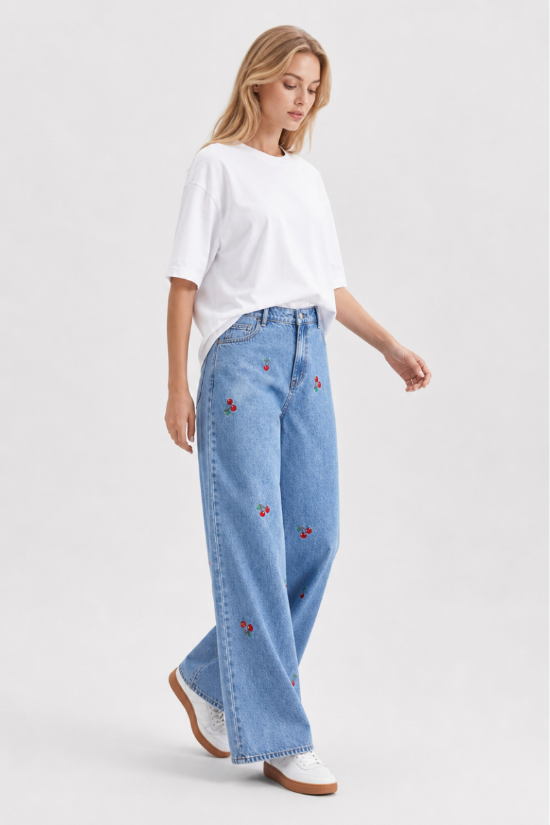 Women's High Waist Cherry Embroidered Wide Leg Jeans