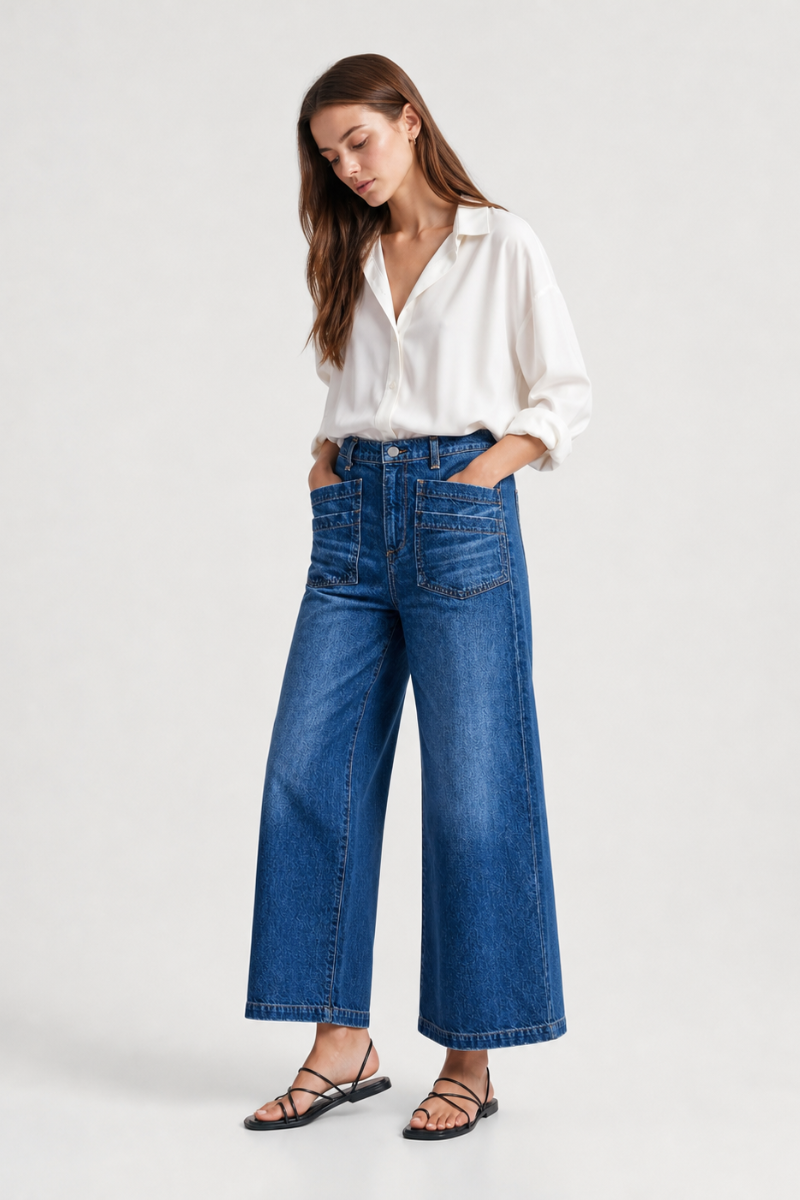 Women's High Waisted Wide Leg Jeans with Front Patch Pockets