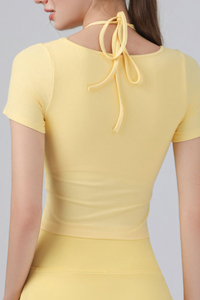 Women's Fake Two Piece Halter Tie Cropped Sports T-shirt