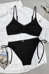 Women's Ribbed Cutout Side Tie Solid Bikini Set