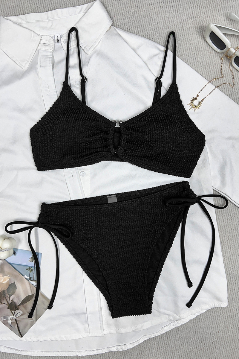 Women's Ribbed Cutout Side Tie Solid Bikini Set