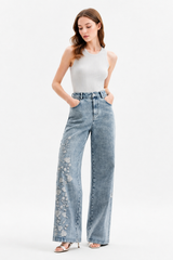 Women's High Waist Floral Embroidered Wide Leg Jeans