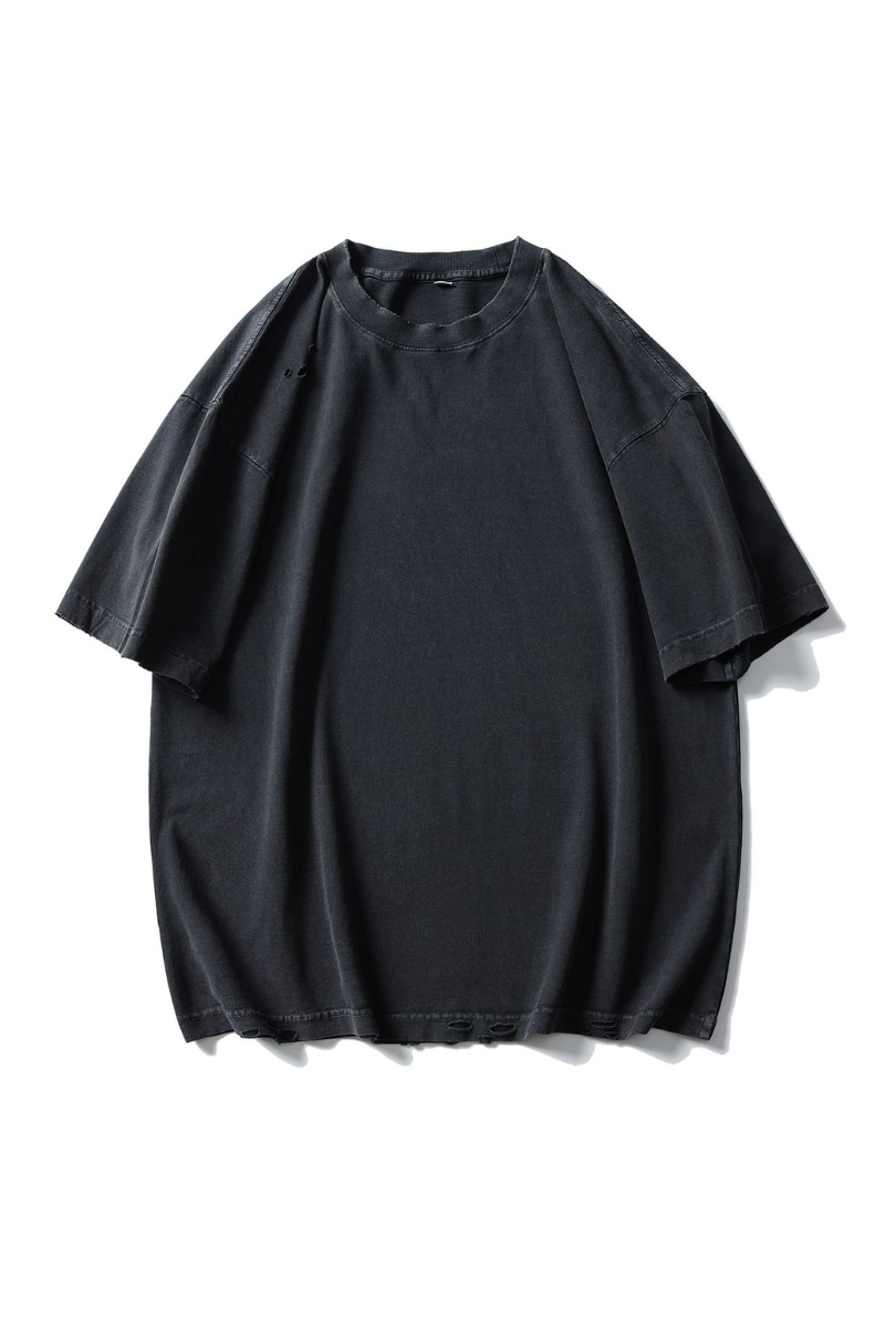 Unisex Cotton Washed RippedLoose Fit Round Neck T-shirt
