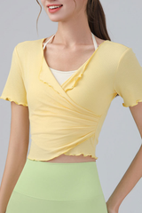 Women's V Neck Ruching Trim Cropped Wrap Top