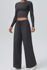 Women's Crew Neck Cropped Top and Casual Pants 2 Piece Set