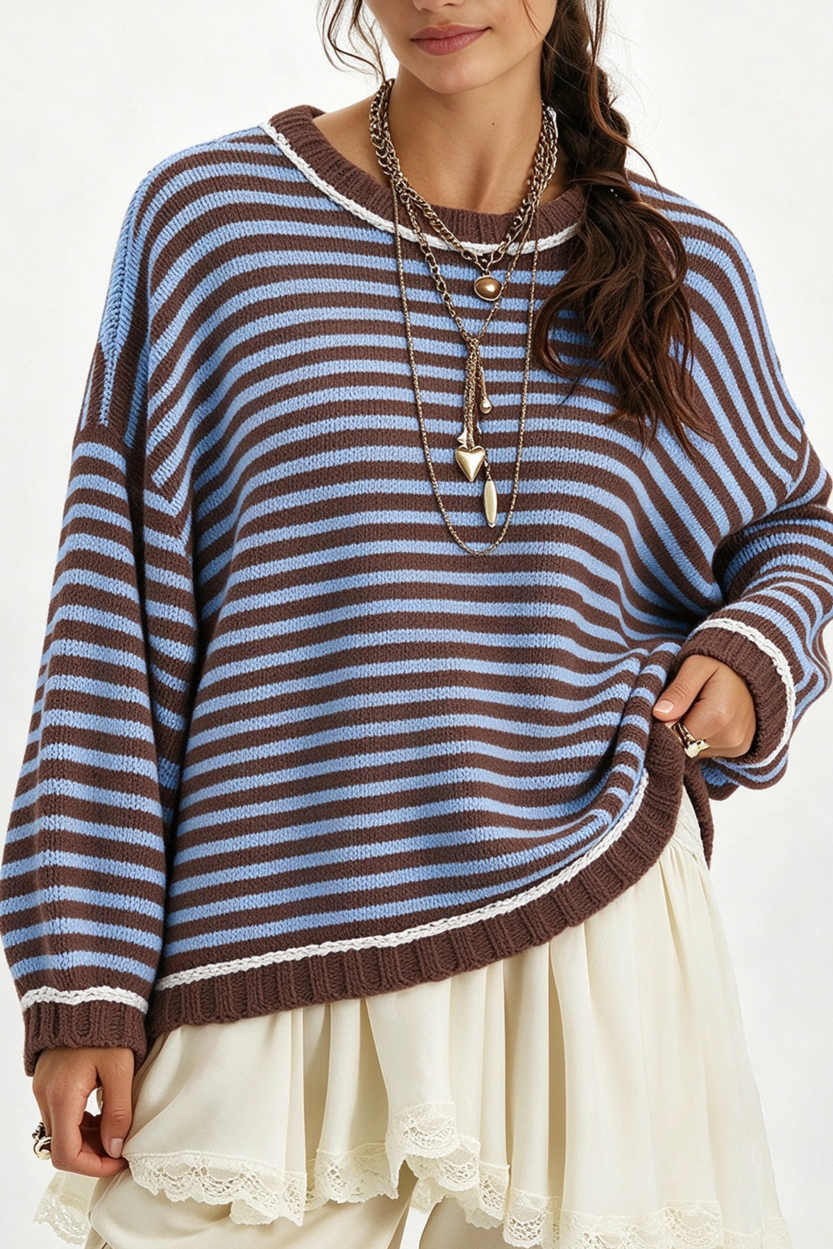 Women’s Winter Boho Striped Contrast Trim Knit Sweater