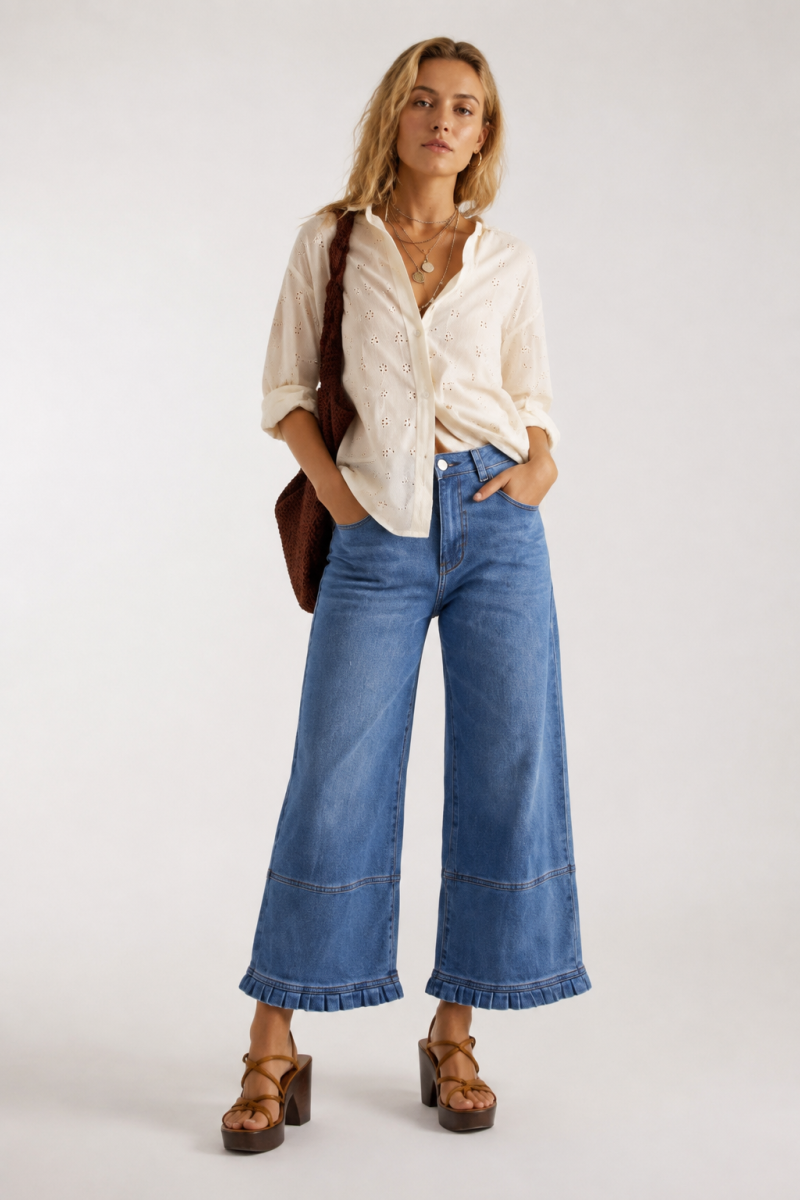 Women's High Waist Wide Leg Jeans with Ruffle Hem