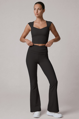 Women's Cropped Top And Pleated Waist Flare Pants Yoga Set