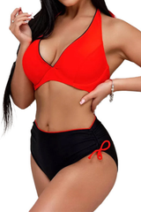 Women's Halter Deep V High Waist Side Tie Bikini Set - Solid