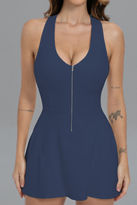 Women's Half Zip Halter Racerback Dress with Built-in Shorts