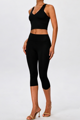 Women's V Neck Y Back Crop Tank & Capri Leggings Yoga Sets