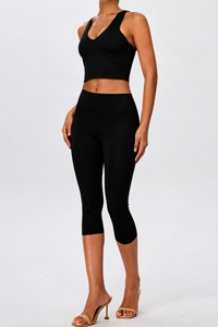 Women's V Neck Y Back Crop Tank & Capri Leggings Yoga Sets
