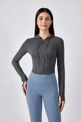 Women Hooded Drawstring Short Slim Outdoor Sports Fitness Yoga Jacket