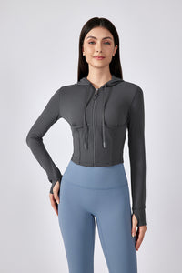 Women Hooded Drawstring Short Slim Outdoor Sports Fitness Yoga Jacket