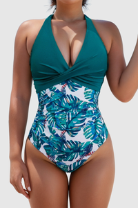 Women's Halter Deep-V Twist-Front Floral Print Swimsuit