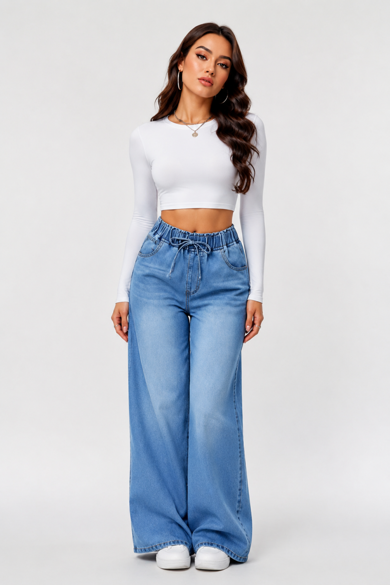 Women's Fall Drawstring Elastic Waist Wide Leg Jeans