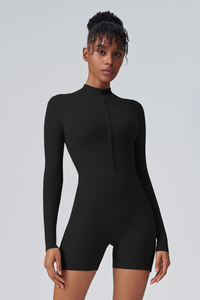 Women's Mock Neck Zip Sculpting Long Sleeve Shorts Jumpsuit