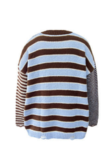 Women Crew Neck Contrast Stripe Distressed Hem Knit Sweater