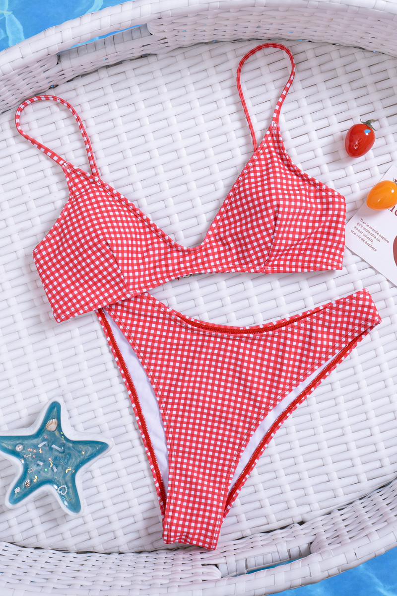 Women's Summer Red White Gingham Thin Strap Triangle Bikini