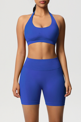 Women Halter Neck Yoga Set: High-Waisted Sculpting Shorts + Backless Sports Bra