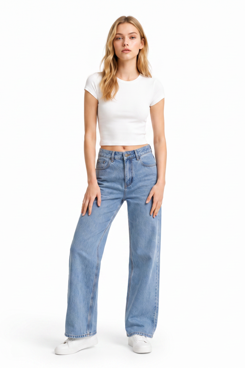 Women's Mid Waist Washed Straight Leg Jeans