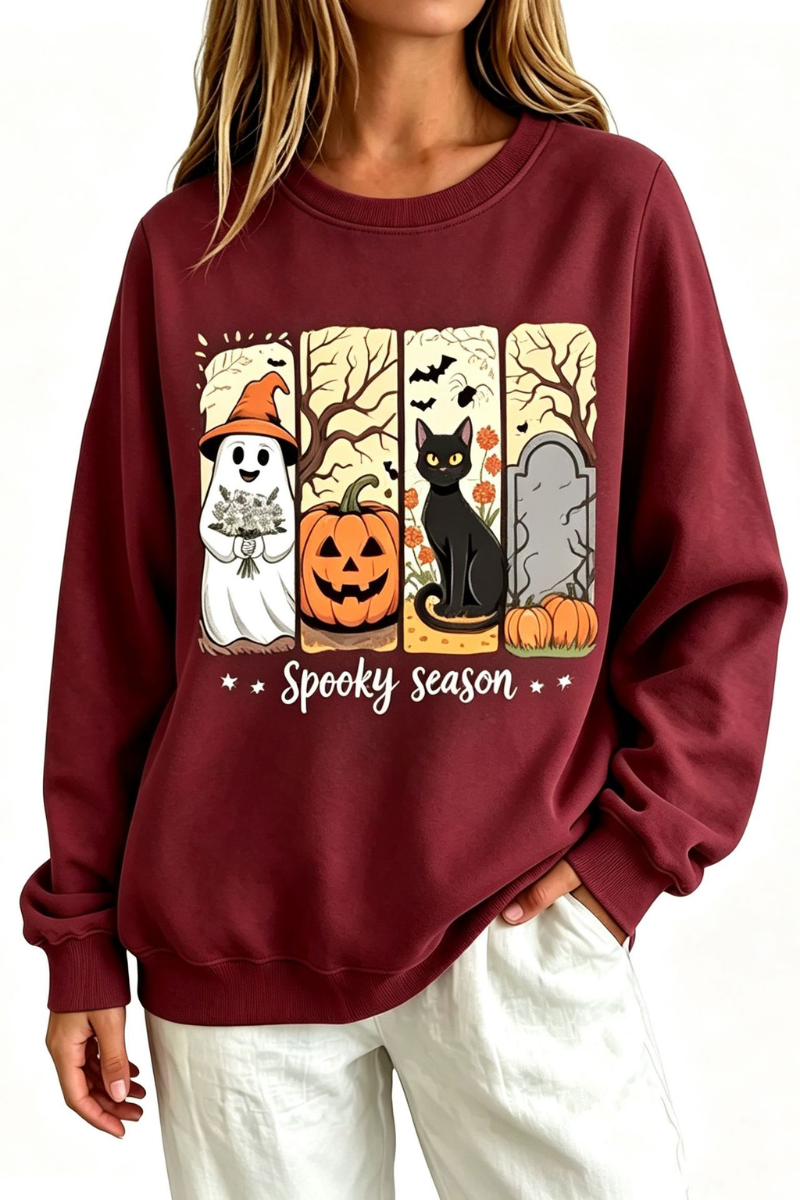 Women's Fall Halloween Spooky Print Thin Relaxed Sweatshirt