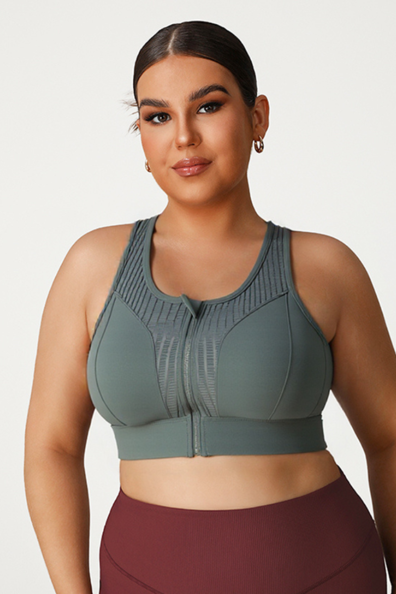 Plus Size Women's Mesh Panel Zip-Up Sports Bra