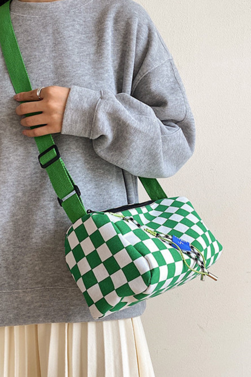Unisex Checkered Canvas Cylinder Crossbody Bag