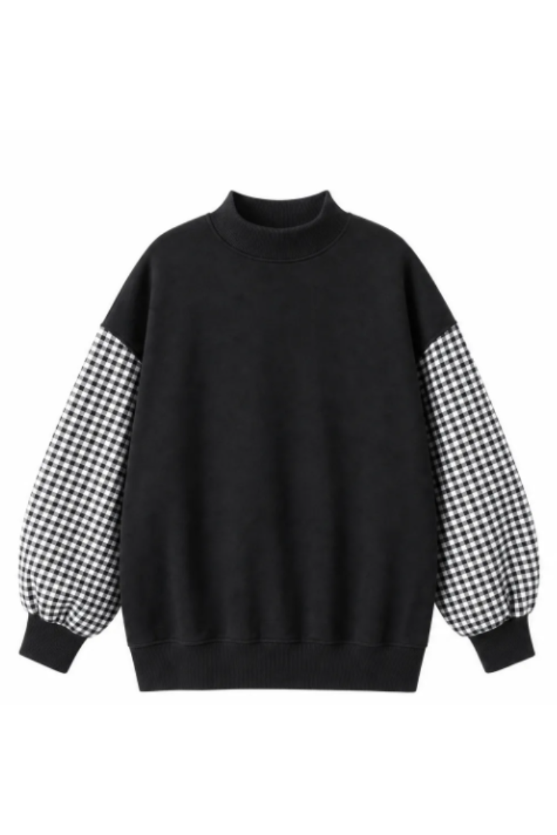 Women's Fall Gingham Spliced Oversize Mock Neck Sweatshirt