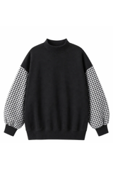 Women's Fall Gingham Spliced Oversize Mock Neck Sweatshirt