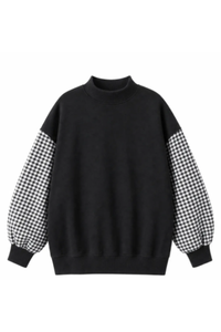 Women's Fall Gingham Spliced Oversize Mock Neck Sweatshirt