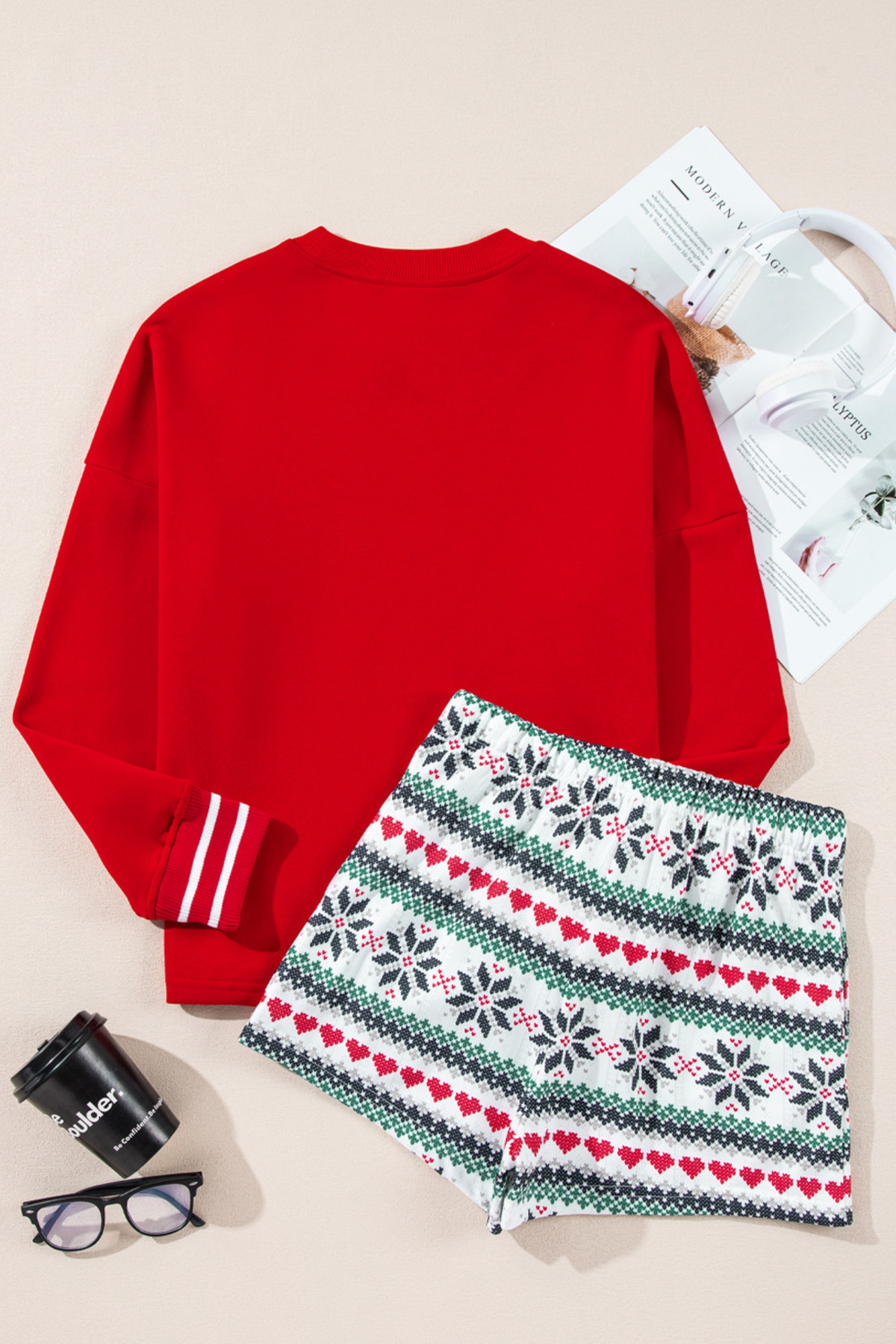 Women's Christmas Sets:Sleigh Letter Sweatshirt And Shorts