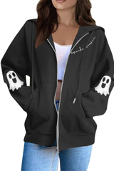 Women Halloween Ghost Print Zip Up Hoodie