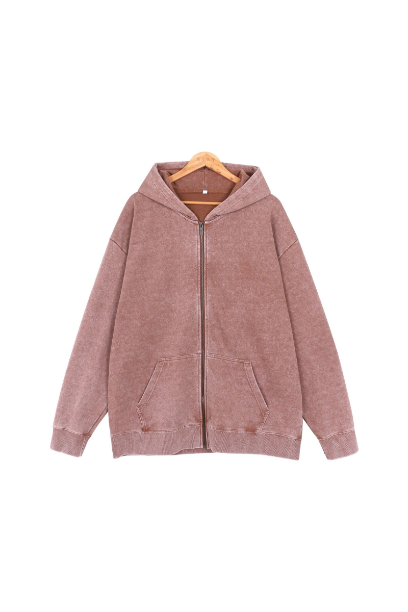 Unisex Fall Washed Vintage Zip-Up Hooded Sports Jacket