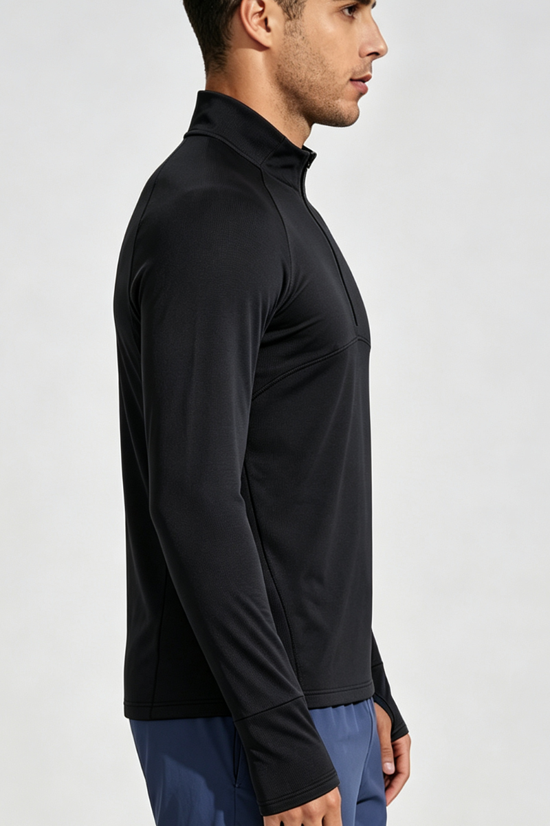 Men's Half Zip Mock Neck Finger Cuffs Long Sleeve Sports Top