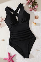 Women's V-Neck Cross Back Pleated Fitted Solid Swimsuit