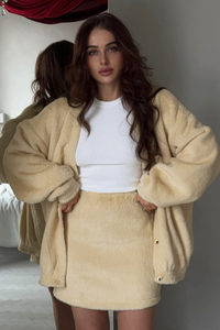 Plush cardigan and short skirt set