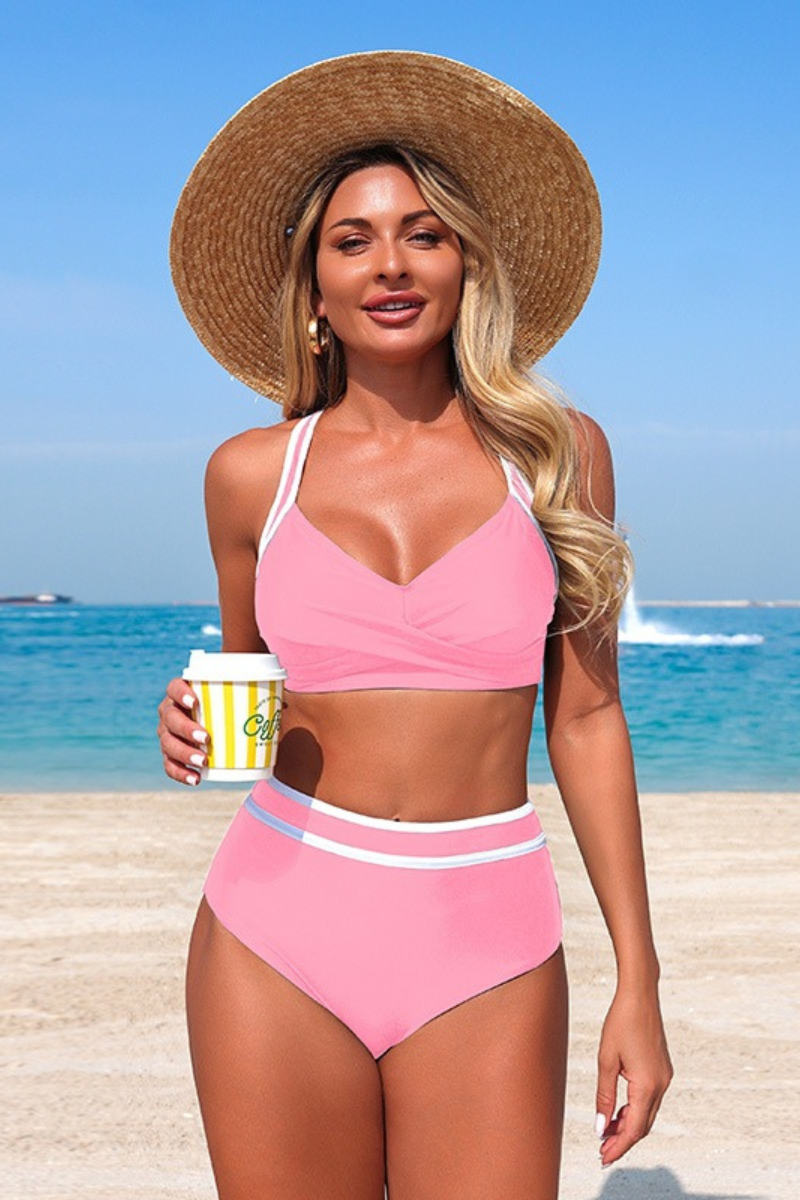 Women's V-neck Color Block High Waist Cross Back Bikini
