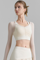 Women's Mesh Fake Two Piece Pleated Long Sleeve Yoga Top