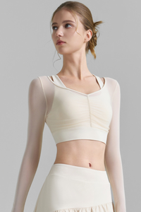 Women's Mesh Fake Two Piece Pleated Long Sleeve Yoga Top