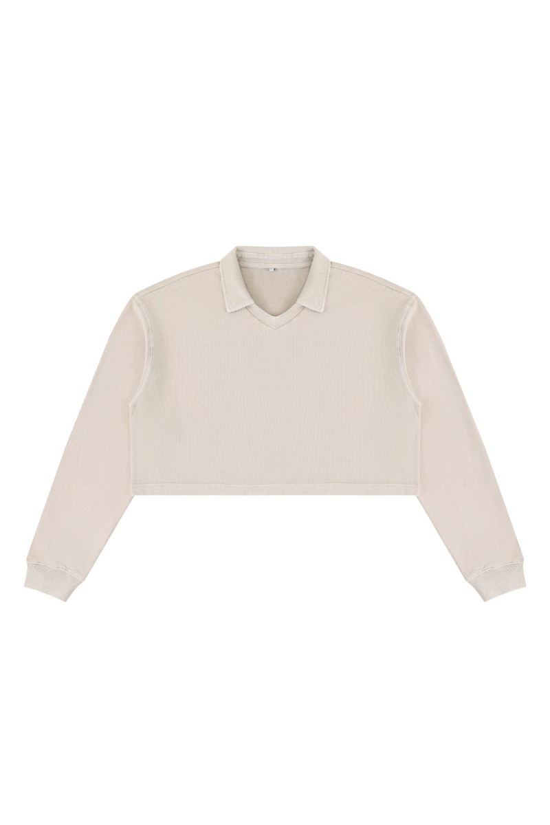 Women's  Fall 100% Cotton Collared V-Neck Crop Sweatshirt