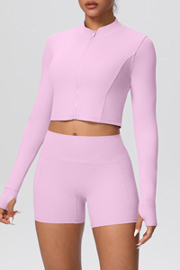 Women's Two Piece Set:Stand Collar Cropped Jacket And Shorts