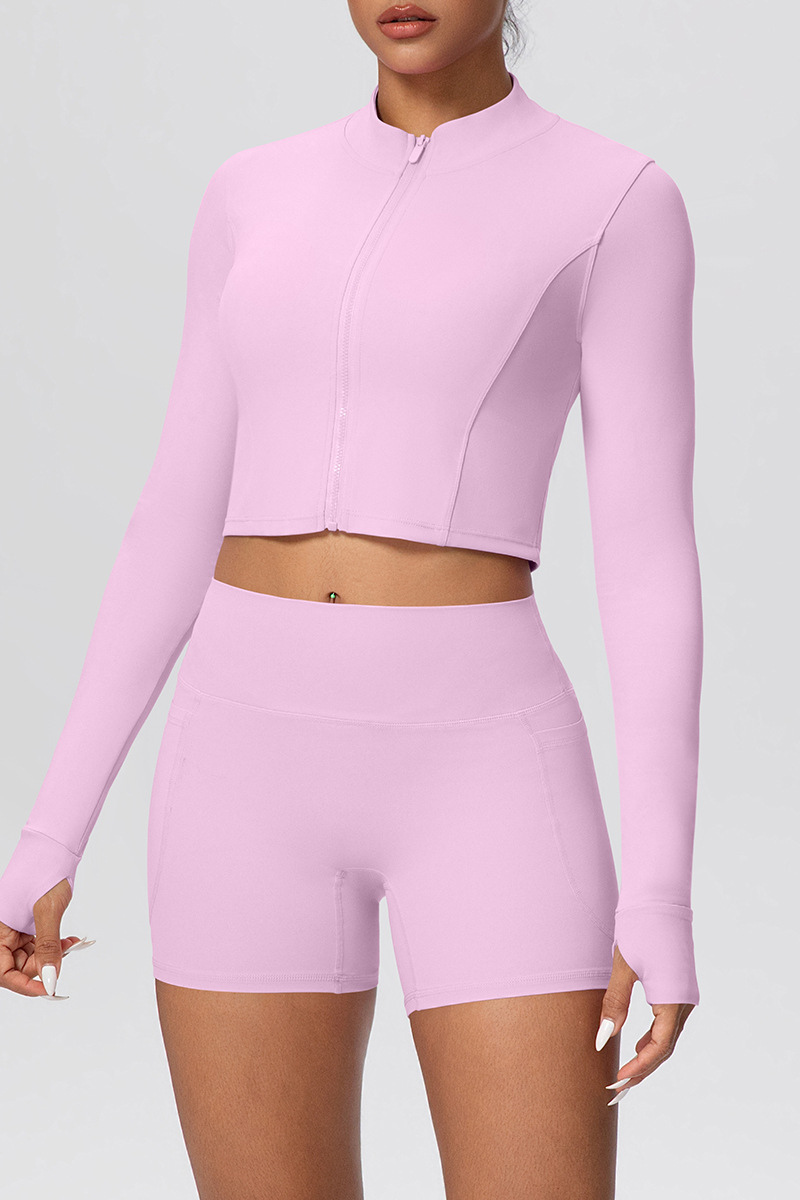 Women's Two Piece Set:Stand Collar Cropped Jacket And Shorts