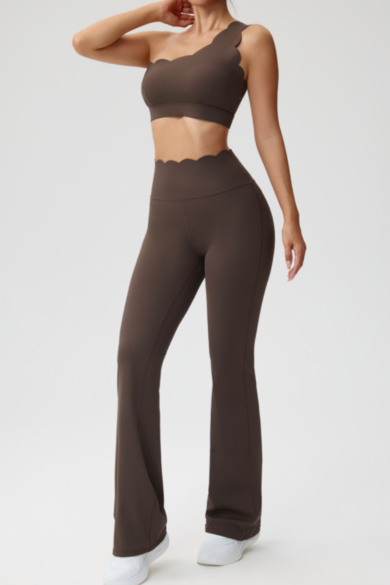 Women's Scalloped One Shoulder Bra & Flared Yoga Pants Set