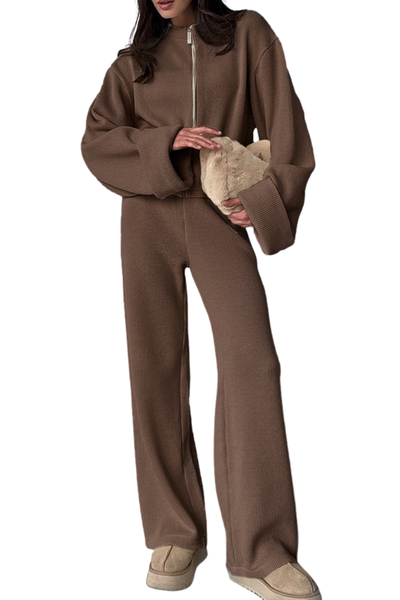 Zipper-fastened jacket and long pants set