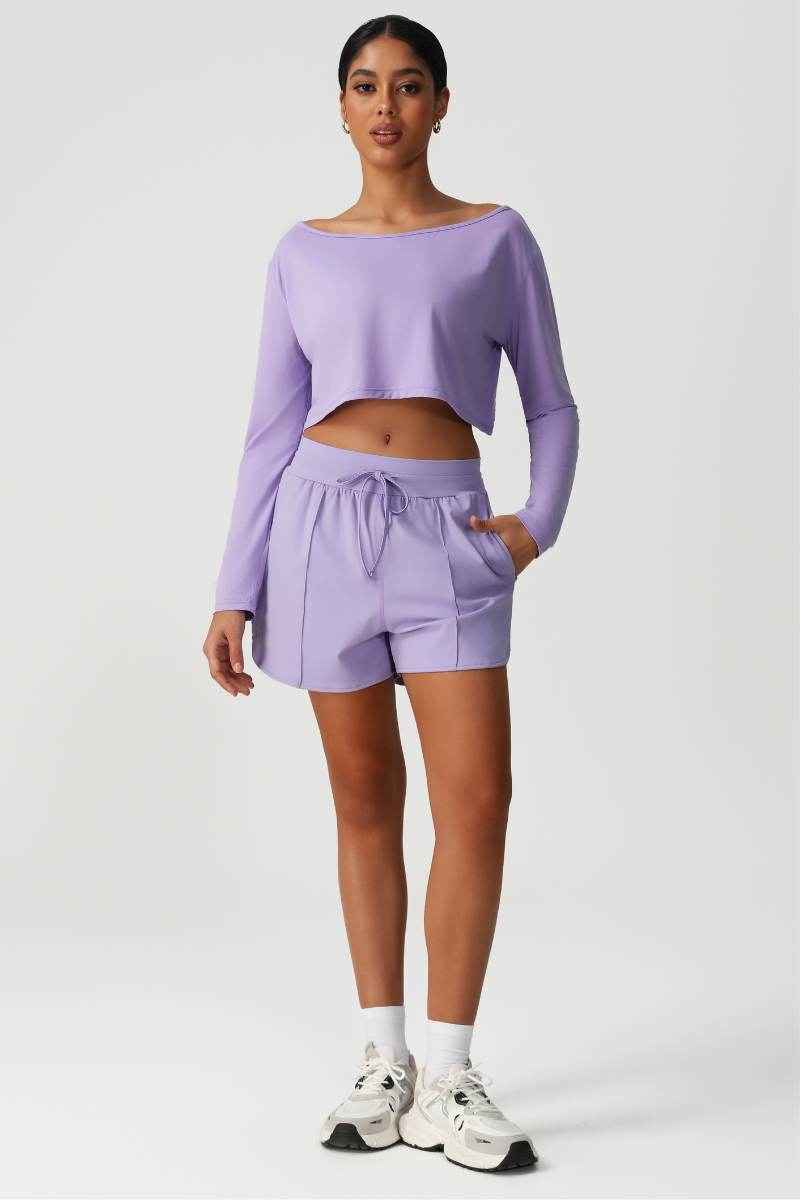 Women's Off Shoulder Long Sleeve Top & Shorts Athletic Set