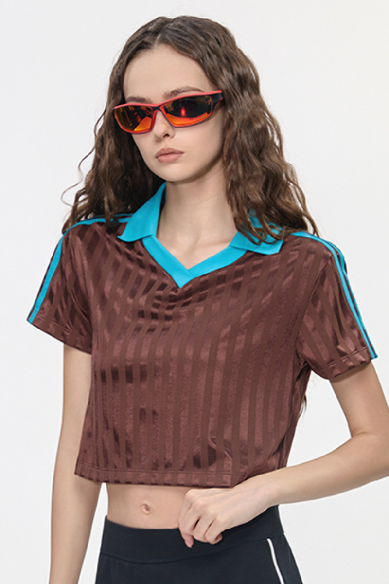 Women’s Cropped Color Block Striped Polo V-Neck  T-Shirt