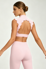 Women's Scalloped Mock Neck Cropped Workout Yoga Top