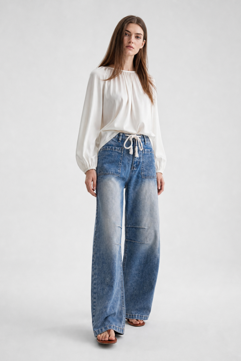 Women's High Waist Drawstring Wide Leg Jeans