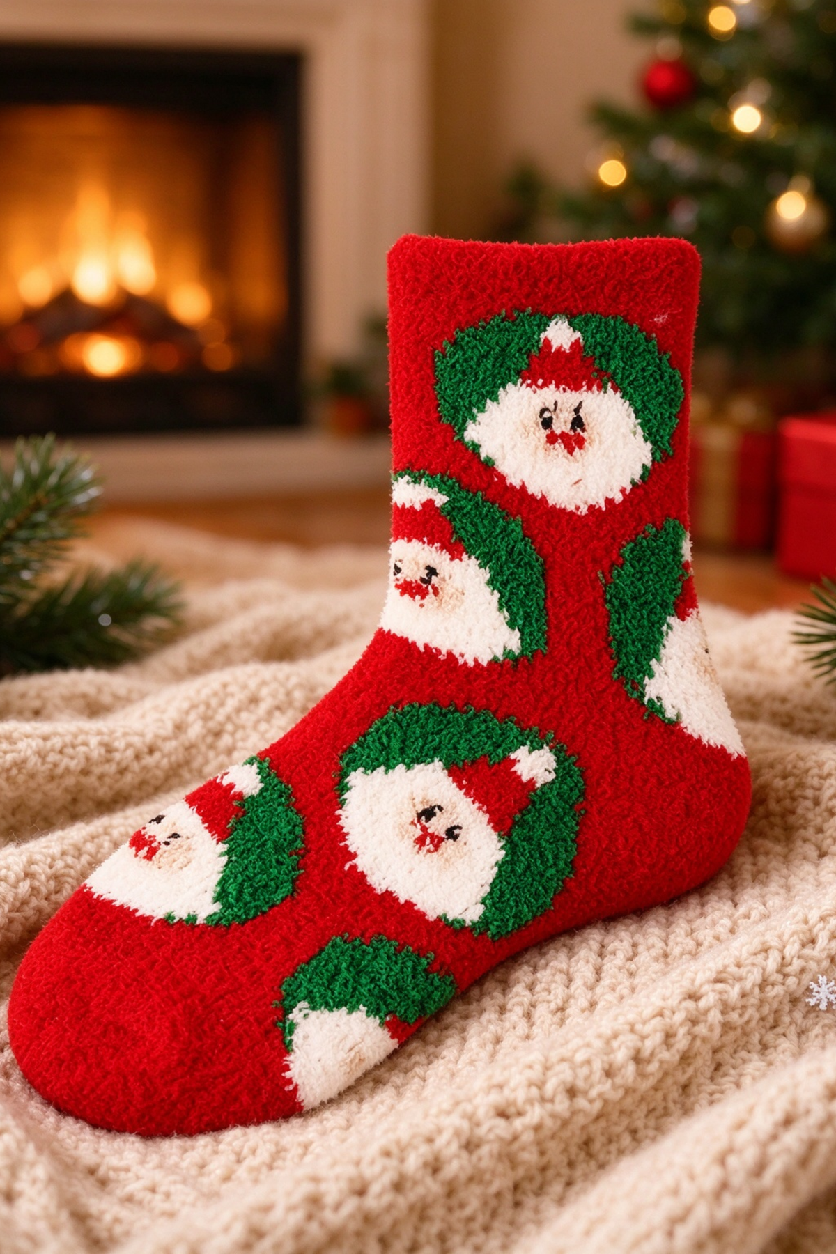 Women's Christmas Coral Fleece Socks Cute Santa Tree Striped